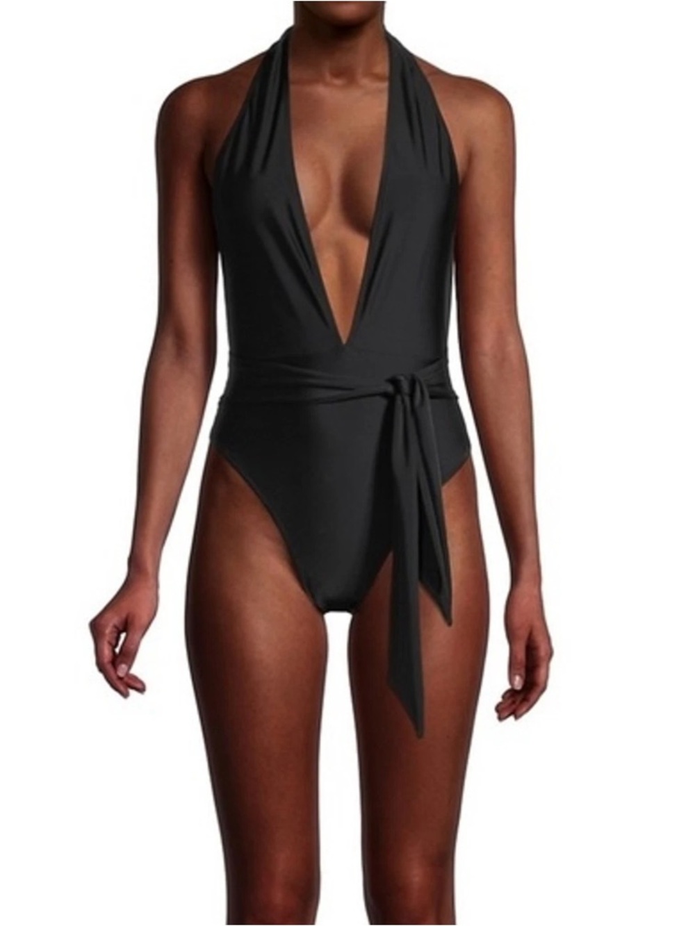 Ramy Brook Verona Halter One Piece Swimsuit Black Bathing Suit with Tie L